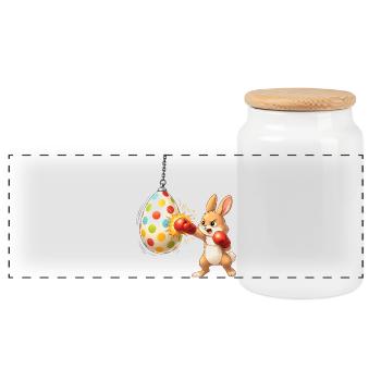 Boxender Osterhase mit Osterei-Boxsack - Panorama Keksdose mit Holzdeckel - Weiß - Vorne
