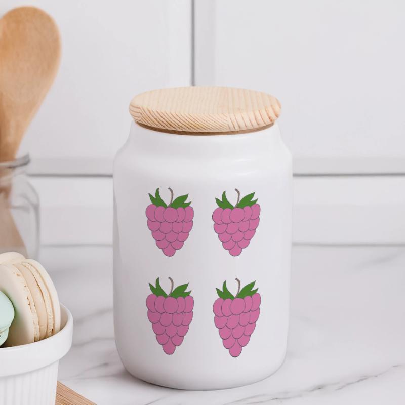 Raspberry Double Cluster Pattern Panoramic Cookie Jar with Wooden Lid
