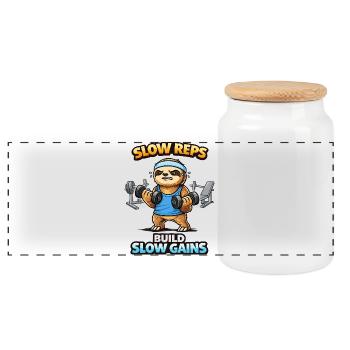Slow Reps Sloth: Build Slow Gains - Panoramic Cookie Jar with Wooden Lid - white - Front