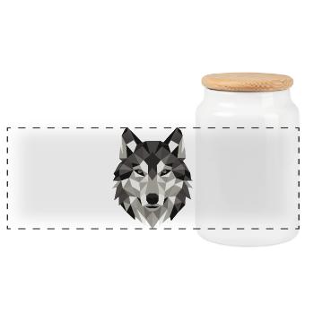 Wolfskopf Lowpoly Geometrie - Panorama Keksdose mit Holzdeckel - Weiß - Vorne