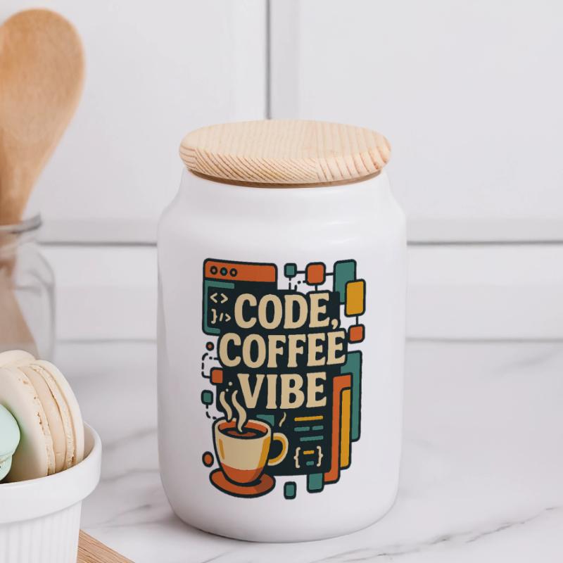 Code Coffee Vibe – Funny Programmer T-Shirt Panoramic Cookie Jar with Wooden Lid