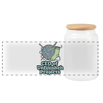 CEO of Unfinished Projects Yarn Art - Panoramic Cookie Jar with Wooden Lid - white - Front