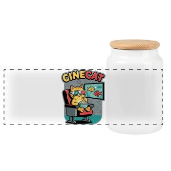 CineKat Cinema Cat Popcorn - Panoramic Cookie Jar with Wooden Lid - white - Front