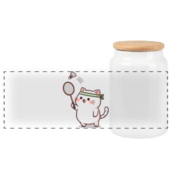 Chat mignon qui joue au badminton - Design sporti - Boîte à biscuits avec couvercle en bois - blanc - Devant