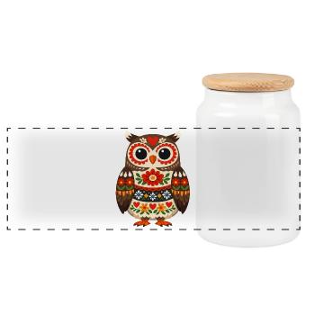 Colorful Owl in Folk Style - Panoramic Cookie Jar with Wooden Lid - white - Front