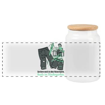 Lustiges Upcycling Jeans Kindergarten Näh Design - Panorama Keksdose mit Holzdeckel - Weiß - Vorne