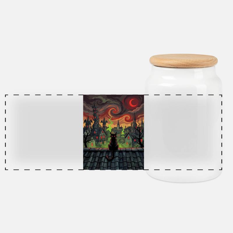 Midnight Rooftop Cat in Witch Town - Panoramic Cookie Jar with Wooden Lid - white