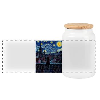 Nocturnal Cat Over Moonlit Town - Panoramic Cookie Jar with Wooden Lid - white - Front