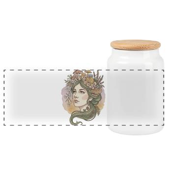 Goddess of Mushrooms and Flowers - Panoramic Cookie Jar with Wooden Lid - white - Front