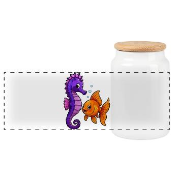 Seahorse meets goldfish friendship - Panoramic Cookie Jar with Wooden Lid - white - Front