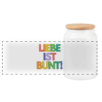 Liebe ist bunt Regenbogen Typo - Panorama Keksdose mit Holzdeckel - Weiß - Vorne