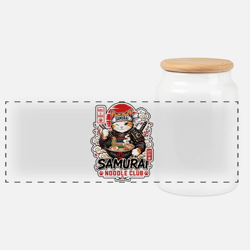 Samurai Cat Noodle Club - Panorama Keksdose mit Holzdeckel - Weiß