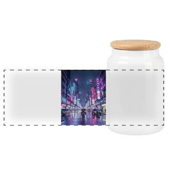 Neon Rain Cityscape - Panoramic Cookie Jar with Wooden Lid - white - Front