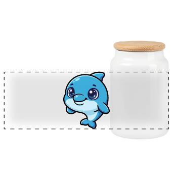 Laughing Dolphin Cartoon Blue - Panoramic Cookie Jar with Wooden Lid - white - Front