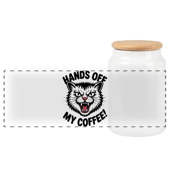 Away from my coffee angry cat - Panoramic Cookie Jar with Wooden Lid - white - Front