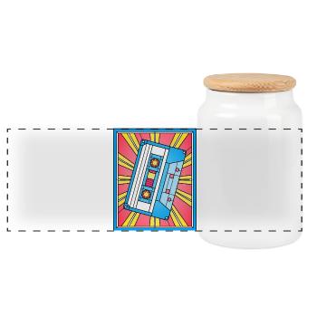Stained Glass Cassette Tape Illustration - Panoramic Cookie Jar with Wooden Lid - white - Front