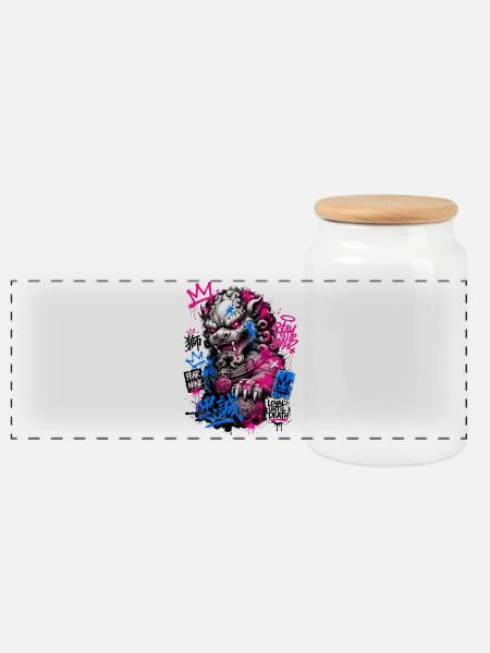 Graffiti Foo Dog Street Guardian - Panorama Keksdose mit Holzdeckel - Weiß
