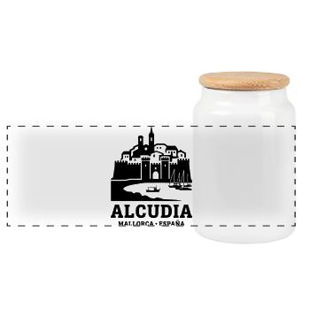Alcudia Mallorca Spanien Silhouette Wahrzeichen - Panorama Keksdose mit Holzdeckel - Weiß - Vorne