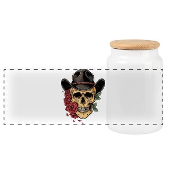 Schädel Totenkopf Cowboy Hut Rote Rosen Western  - Panorama Keksdose mit Holzdeckel - Weiß - Vorne