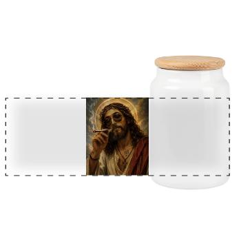 Jesus raucht einen Joint Humor - Panorama Keksdose mit Holzdeckel - Weiß - Vorne