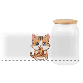 Cat eating pizza - Panoramic Cookie Jar with Wooden Lid - white - Front