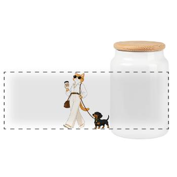 Stylish cat with dachshund during coffee walk - Panoramic Cookie Jar with Wooden Lid - white - Front