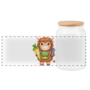 Kawaii Highland-Kuh – Einschulung mit Schultüte - Panorama Keksdose mit Holzdeckel - Weiß - Vorne