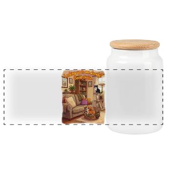 Cat and Dog Looking up to me already - Panoramic Cookie Jar with Wooden Lid - white - Front