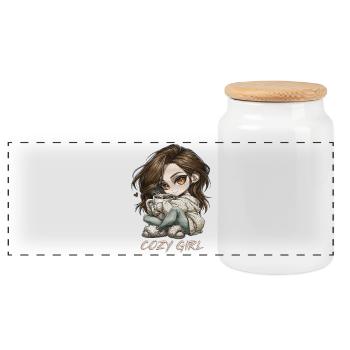 Cozy Girl Chibi Cocoa Winter Gift - Panoramic Cookie Jar with Wooden Lid - white - Front