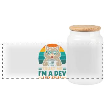 Trust Me I'm a Dev – Programmer Cat - Panoramic Cookie Jar with Wooden Lid - white - Front