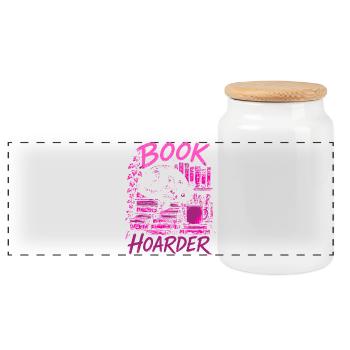 Book Hoarder Cat – Pink Book Love - Panoramic Cookie Jar with Wooden Lid - white - Front