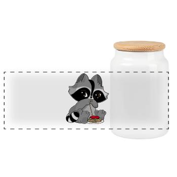 Snuggles der Waschbär mit einem Teller Pasta. - Panorama Keksdose mit Holzdeckel - Weiß - Vorne
