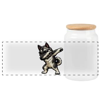Dabbing Norwegischer Elchhund - Panorama Keksdose mit Holzdeckel - Weiß - Vorne