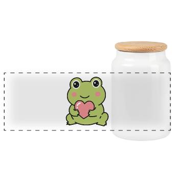 Süßer Kawaii-Frosch hält einen rosa Herzaufkleber - Panorama Keksdose mit Holzdeckel - Weiß - Vorne
