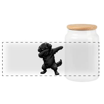 Dabbing Flat Coated Retriever - Panoramic Cookie Jar with Wooden Lid - white - Front