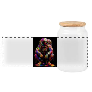 Colorful Space Astronaut - Panoramic Cookie Jar with Wooden Lid - white - Front