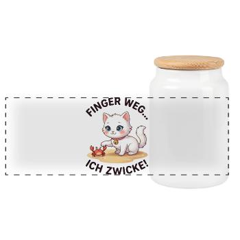 Katze Krabbe Finger weg Spruch - Panorama Keksdose mit Holzdeckel - Weiß - Vorne