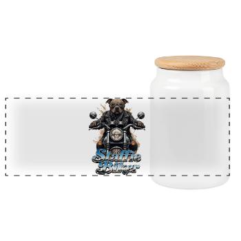 Staffie-Biker 1b-049b - Panorama Keksdose mit Holzdeckel - Weiß - Vorne