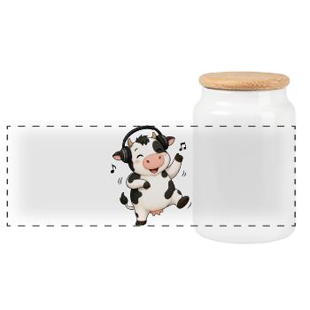 Cow dancing to music farmer farm - Panoramic Cookie Jar with Wooden Lid - white - Front
