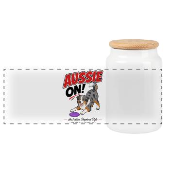 Aussie On! illustration of an Australian Shepherd - Panoramic Cookie Jar with Wooden Lid - white - Front
