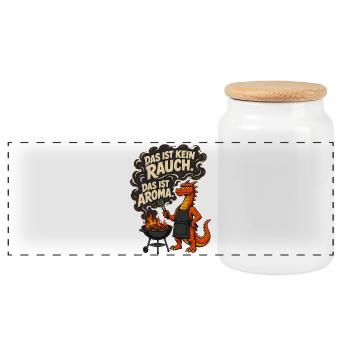 Das ist kein Rauch Das ist Aroma – Drache Grill - Panorama Keksdose mit Holzdeckel - Weiß - Vorne