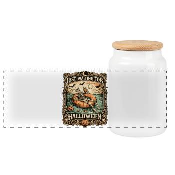 Attendant l’anticipation du squelette d’Halloween - Boîte à biscuits avec couvercle en bois - blanc - Devant