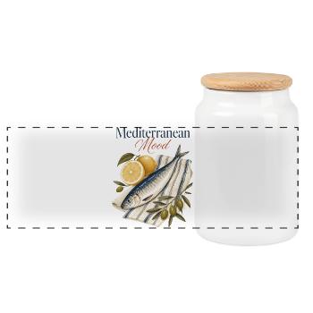 Mediterranean Mood Sardine Mediterran - Panoramic Cookie Jar with Wooden Lid - white - Front