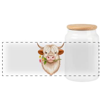 Cool Highland Cow with Flower – Scottish Cattle Style - Panoramic Cookie Jar with Wooden Lid - white - Front