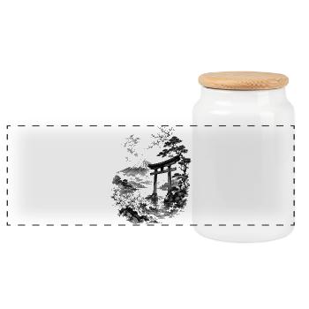 Japanese nature with torii and Fuji - Panoramic Cookie Jar with Wooden Lid - white - Front