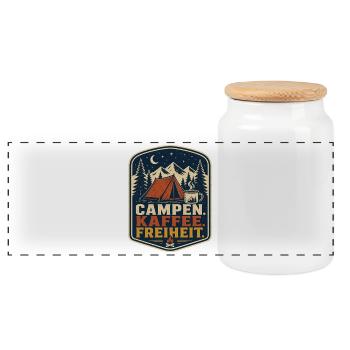 Campen Kaffee Freiheit – Outdoor Camping Spruch - Panorama Keksdose mit Holzdeckel - Weiß - Vorne
