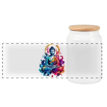 Buddha Meditation Color Splash - Panoramic Cookie Jar with Wooden Lid - white - Front