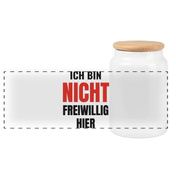 Ich bin nicht freiwillig hier lustiger Büro Spruch - Panorama Keksdose mit Holzdeckel - Weiß - Vorne