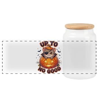 Up To No Good Halloween Cat - Panoramic Cookie Jar with Wooden Lid - white - Front