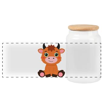 Kleine Highland Kuh sitzt – Süßes Flauschi Art - Panorama Keksdose mit Holzdeckel - Weiß - Vorne